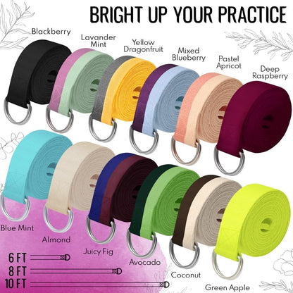 2 IN 1 Yoga & Mat Strap for Stretching – Cotton – 6/8/10 ft | Adjustable Non-Slip Belt in 30+ Colors for Yoga, Pilates, Physical Therapy, Fitness, Home Workouts and Carrying Mats