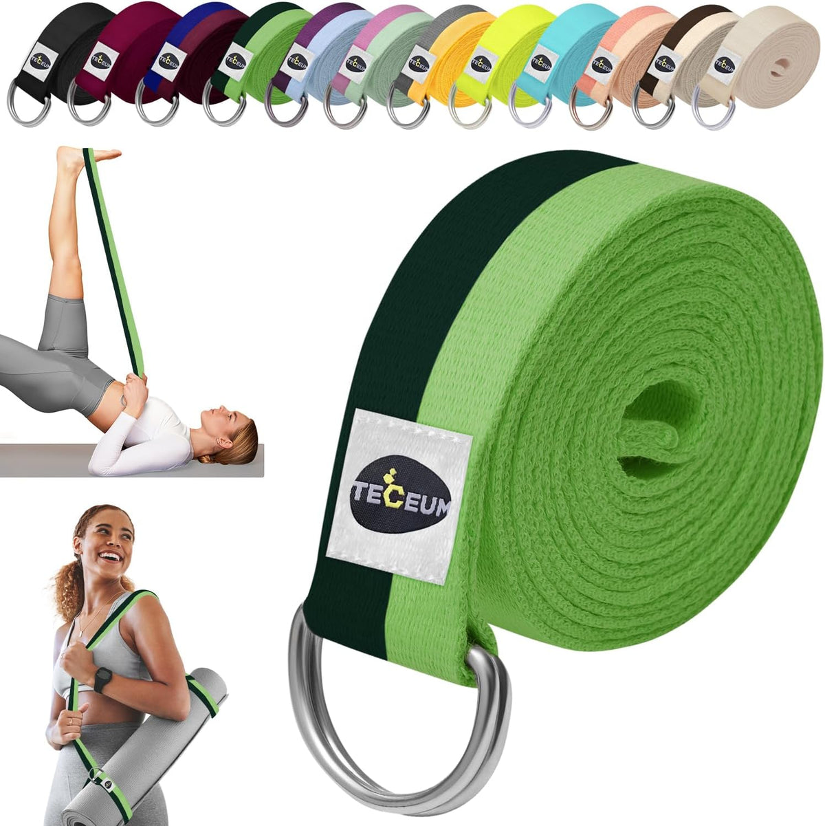 2 IN 1 Yoga & Mat Strap for Stretching – Cotton – 6/8/10 ft | Adjustable Non-Slip Belt in 30+ Colors for Yoga, Pilates, Physical Therapy, Fitness, Home Workouts and Carrying Mats