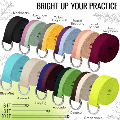 2 IN 1 Yoga & Mat Strap for Stretching – Cotton – 6/8/10 ft | Adjustable Non-Slip Belt in 30+ Colors for Yoga, Pilates, Physical Therapy, Fitness, Home Workouts and Carrying Mats