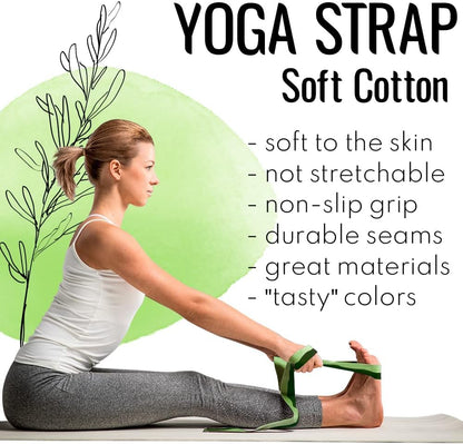 2 IN 1 Yoga & Mat Strap for Stretching – Cotton – 6/8/10 ft | Adjustable Non-Slip Belt in 30+ Colors for Yoga, Pilates, Physical Therapy, Fitness, Home Workouts and Carrying Mats