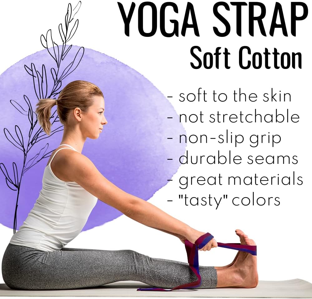 2 IN 1 Yoga & Mat Strap for Stretching – Cotton – 6/8/10 ft | Adjustable Non-Slip Belt in 30+ Colors for Yoga, Pilates, Physical Therapy, Fitness, Home Workouts and Carrying Mats