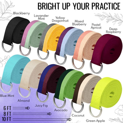 2 IN 1 Yoga & Mat Strap for Stretching – Cotton – 6/8/10 ft | Adjustable Non-Slip Belt in 30+ Colors for Yoga, Pilates, Physical Therapy, Fitness, Home Workouts and Carrying Mats