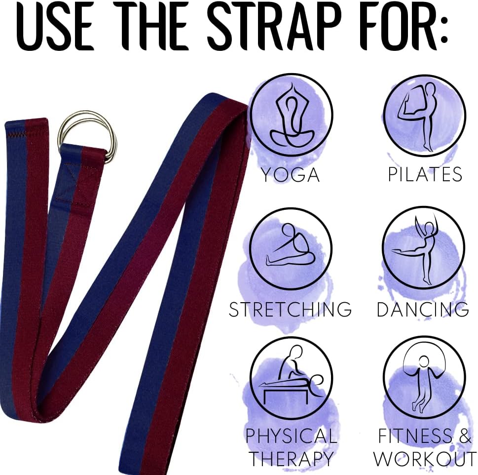 2 IN 1 Yoga & Mat Strap for Stretching – Cotton – 6/8/10 ft | Adjustable Non-Slip Belt in 30+ Colors for Yoga, Pilates, Physical Therapy, Fitness, Home Workouts and Carrying Mats