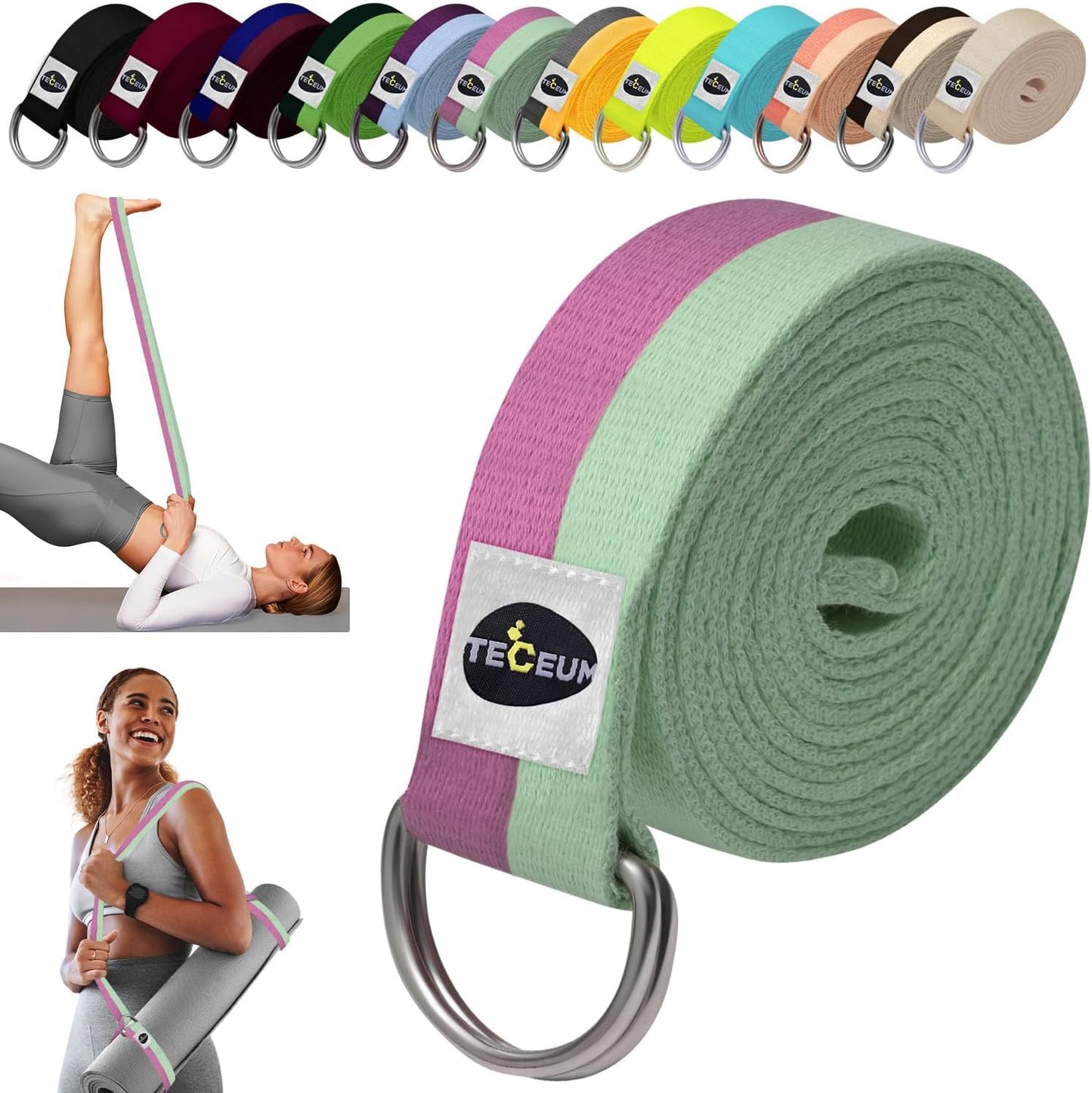 2 IN 1 Yoga & Mat Strap for Stretching – Cotton – 6/8/10 ft | Adjustable Non-Slip Belt in 30+ Colors for Yoga, Pilates, Physical Therapy, Fitness, Home Workouts and Carrying Mats