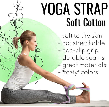 2 IN 1 Yoga & Mat Strap for Stretching – Cotton – 6/8/10 ft | Adjustable Non-Slip Belt in 30+ Colors for Yoga, Pilates, Physical Therapy, Fitness, Home Workouts and Carrying Mats