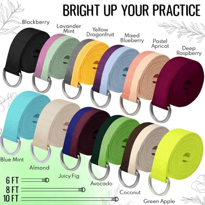2 IN 1 Yoga & Mat Strap for Stretching – Cotton – 6/8/10 ft | Adjustable Non-Slip Belt in 30+ Colors for Yoga, Pilates, Physical Therapy, Fitness, Home Workouts and Carrying Mats