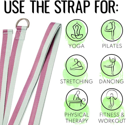 2 IN 1 Yoga & Mat Strap for Stretching – Cotton – 6/8/10 ft | Adjustable Non-Slip Belt in 30+ Colors for Yoga, Pilates, Physical Therapy, Fitness, Home Workouts and Carrying Mats