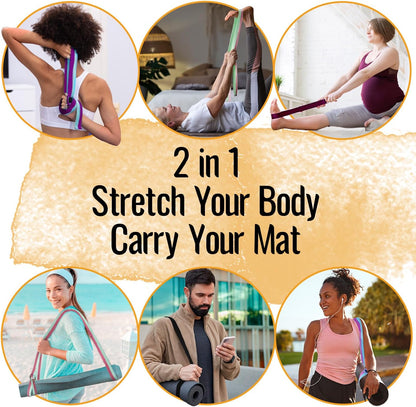 2 IN 1 Yoga & Mat Strap for Stretching – Cotton – 6/8/10 ft | Adjustable Non-Slip Belt in 30+ Colors for Yoga, Pilates, Physical Therapy, Fitness, Home Workouts and Carrying Mats