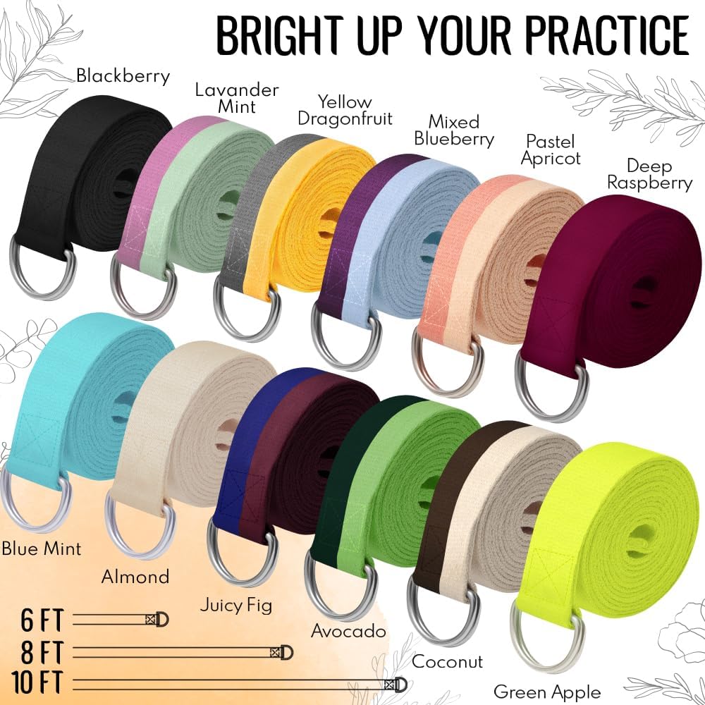 2 IN 1 Yoga & Mat Strap for Stretching – Cotton – 6/8/10 ft | Adjustable Non-Slip Belt in 30+ Colors for Yoga, Pilates, Physical Therapy, Fitness, Home Workouts and Carrying Mats