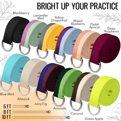 2 IN 1 Yoga & Mat Strap for Stretching – Cotton – 6/8/10 ft | Adjustable Non-Slip Belt in 30+ Colors for Yoga, Pilates, Physical Therapy, Fitness, Home Workouts and Carrying Mats