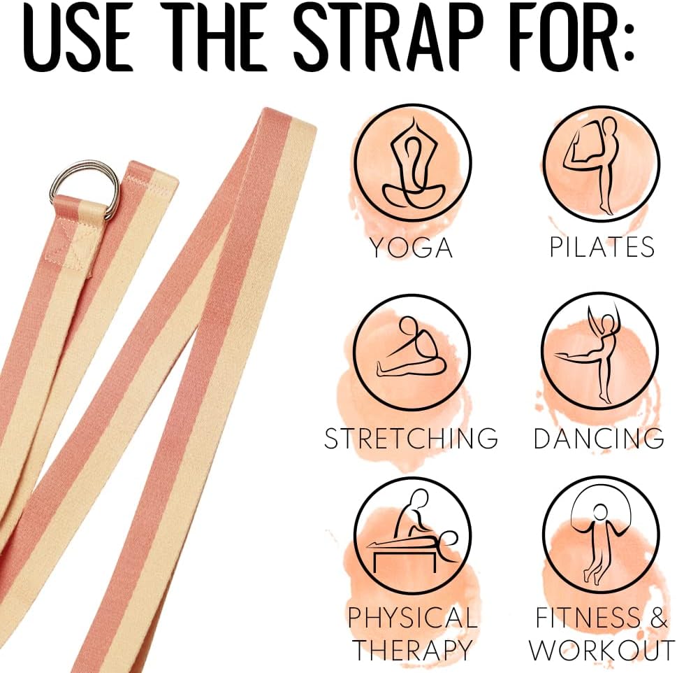 2 IN 1 Yoga & Mat Strap for Stretching – Cotton – 6/8/10 ft | Adjustable Non-Slip Belt in 30+ Colors for Yoga, Pilates, Physical Therapy, Fitness, Home Workouts and Carrying Mats