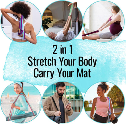 2 IN 1 Yoga & Mat Strap for Stretching – Cotton – 6/8/10 ft | Adjustable Non-Slip Belt in 30+ Colors for Yoga, Pilates, Physical Therapy, Fitness, Home Workouts and Carrying Mats
