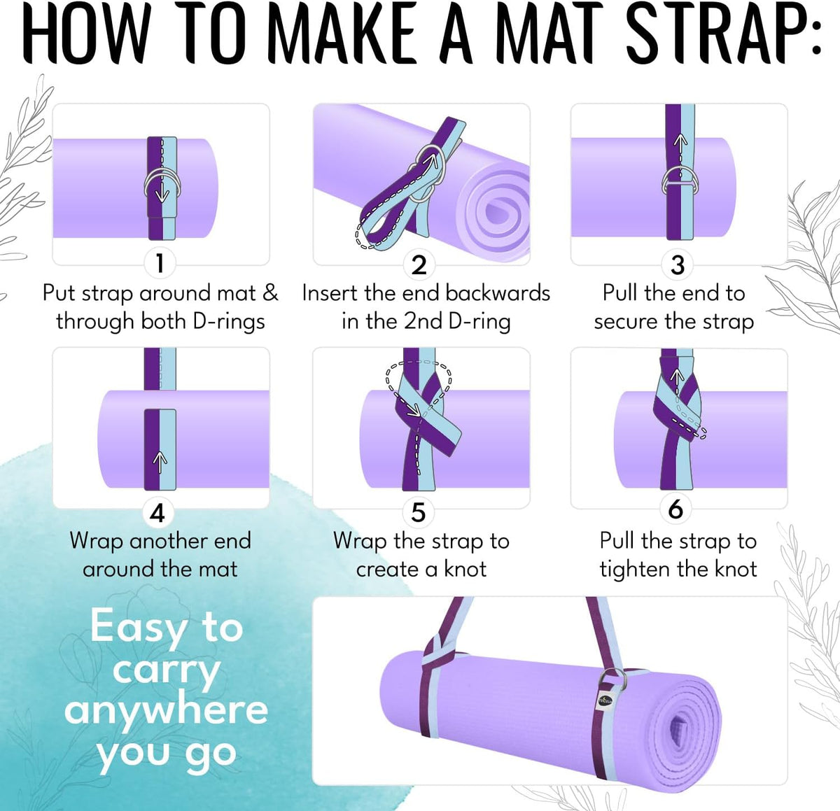 2 IN 1 Yoga & Mat Strap for Stretching – Cotton – 6/8/10 ft | Adjustable Non-Slip Belt in 30+ Colors for Yoga, Pilates, Physical Therapy, Fitness, Home Workouts and Carrying Mats