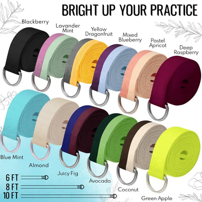 2 IN 1 Yoga & Mat Strap for Stretching – Cotton – 6/8/10 ft | Adjustable Non-Slip Belt in 30+ Colors for Yoga, Pilates, Physical Therapy, Fitness, Home Workouts and Carrying Mats