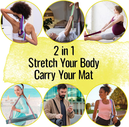 2 IN 1 Yoga & Mat Strap for Stretching – Cotton – 6/8/10 ft | Adjustable Non-Slip Belt in 30+ Colors for Yoga, Pilates, Physical Therapy, Fitness, Home Workouts and Carrying Mats