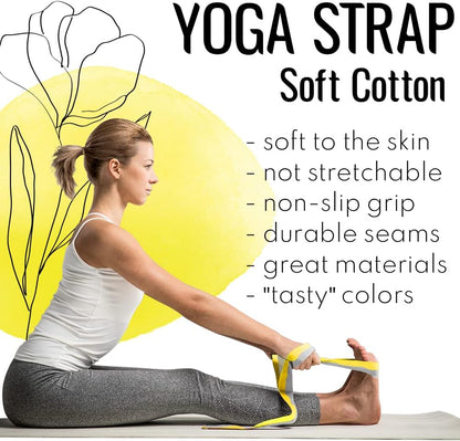 2 IN 1 Yoga & Mat Strap for Stretching – Cotton – 6/8/10 ft | Adjustable Non-Slip Belt in 30+ Colors for Yoga, Pilates, Physical Therapy, Fitness, Home Workouts and Carrying Mats