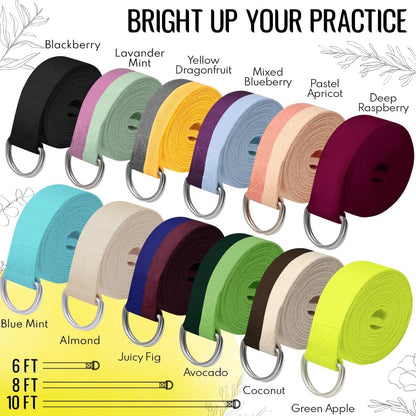 2 IN 1 Yoga & Mat Strap for Stretching – Cotton – 6/8/10 ft | Adjustable Non-Slip Belt in 30+ Colors for Yoga, Pilates, Physical Therapy, Fitness, Home Workouts and Carrying Mats