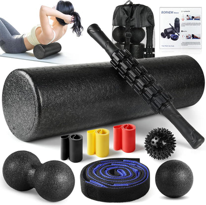 7 in1 Foam Roller Set for Deep Tissue Muscle Massager - Back Roller | Muscle Roller Stick, Resistance Bands, Foot Massage Ball, Stretching Strap for Exercise, Whole Body Physical Therapy