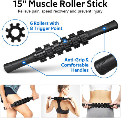 7 in1 Foam Roller Set for Deep Tissue Muscle Massager - Back Roller | Muscle Roller Stick, Resistance Bands, Foot Massage Ball, Stretching Strap for Exercise, Whole Body Physical Therapy