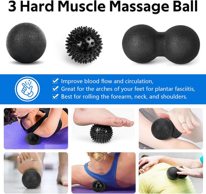 7 in1 Foam Roller Set for Deep Tissue Muscle Massager - Back Roller | Muscle Roller Stick, Resistance Bands, Foot Massage Ball, Stretching Strap for Exercise, Whole Body Physical Therapy