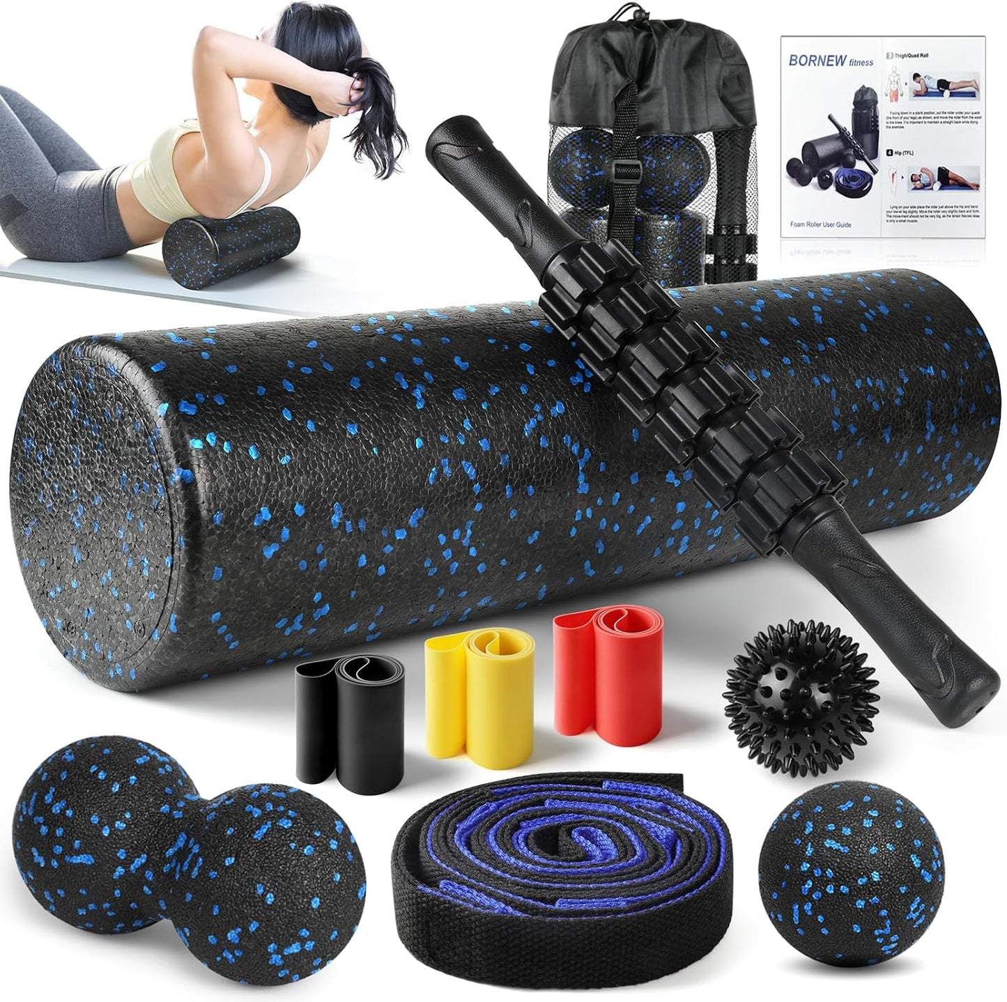 7 in1 Foam Roller Set for Deep Tissue Muscle Massager - Back Roller | Muscle Roller Stick, Resistance Bands, Foot Massage Ball, Stretching Strap for Exercise, Whole Body Physical Therapy
