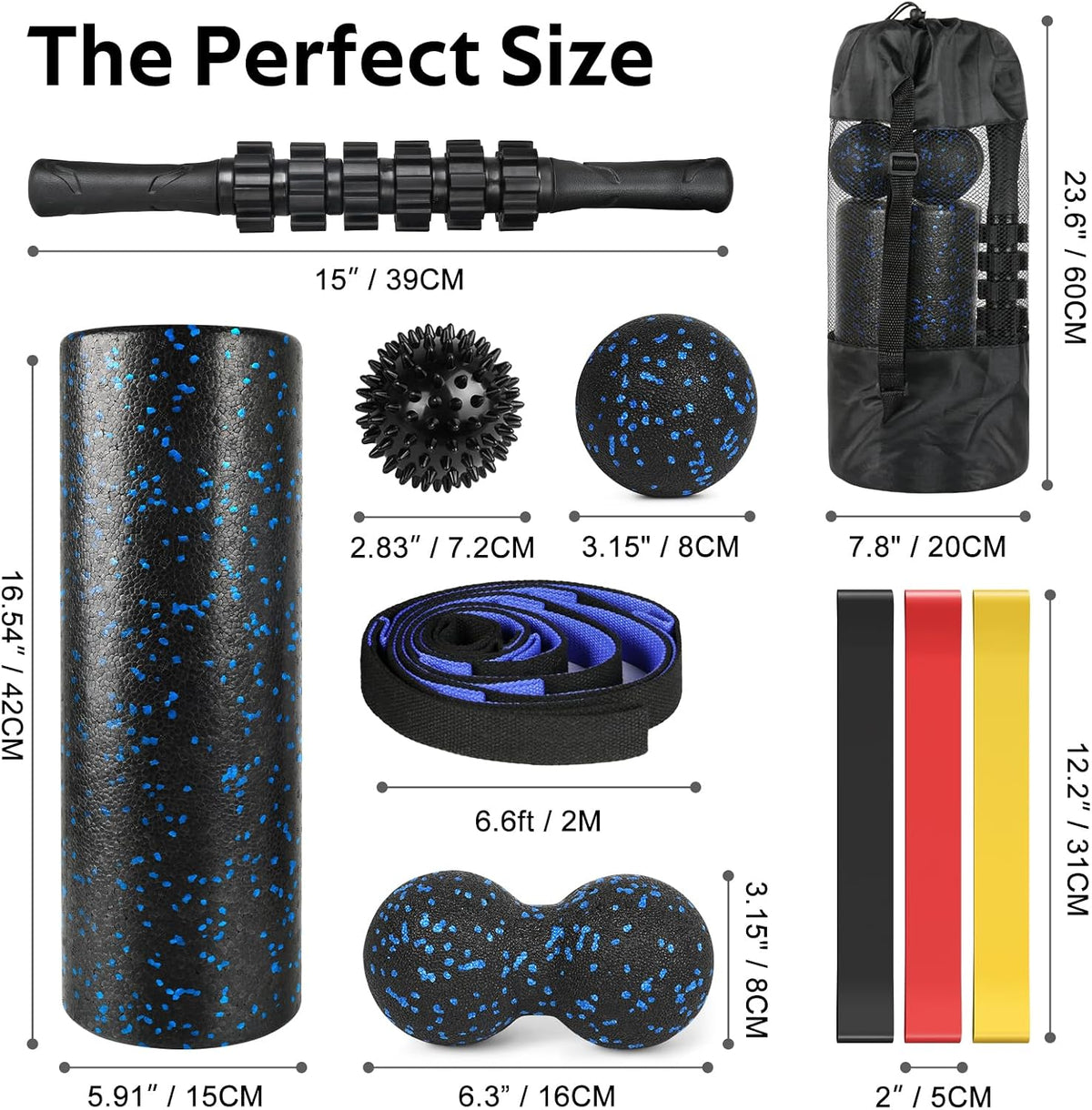 7 in1 Foam Roller Set for Deep Tissue Muscle Massager - Back Roller | Muscle Roller Stick, Resistance Bands, Foot Massage Ball, Stretching Strap for Exercise, Whole Body Physical Therapy