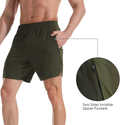 Men's 7" Athletic Running Shorts Lightweight Quick Dry Gym Workout Shorts with Zipper Pockets