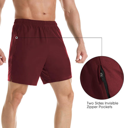 Men's 7" Athletic Running Shorts Lightweight Quick Dry Gym Workout Shorts with Zipper Pockets