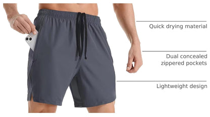 Men's 7" Athletic Running Shorts Lightweight Quick Dry Gym Workout Shorts with Zipper Pockets