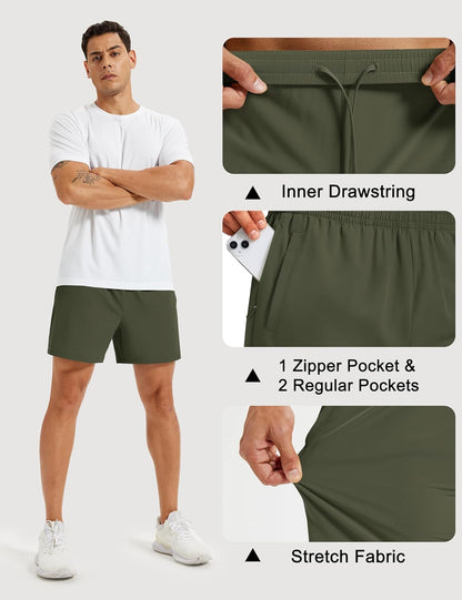 Men's Athletic Shorts 5" Quick Dry Lightweight Linerless Gym Workout Hiking Shorts with Zipper Pockets