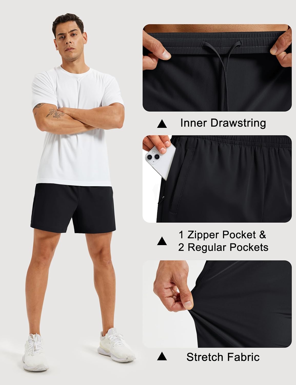 Men's Athletic Shorts 5" Quick Dry Lightweight Linerless Gym Workout Hiking Shorts with Zipper Pockets
