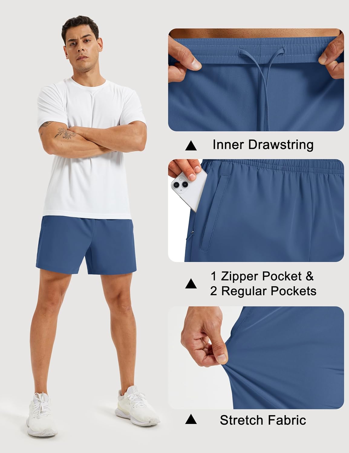 Men's Athletic Shorts 5" Quick Dry Lightweight Linerless Gym Workout Hiking Shorts with Zipper Pockets