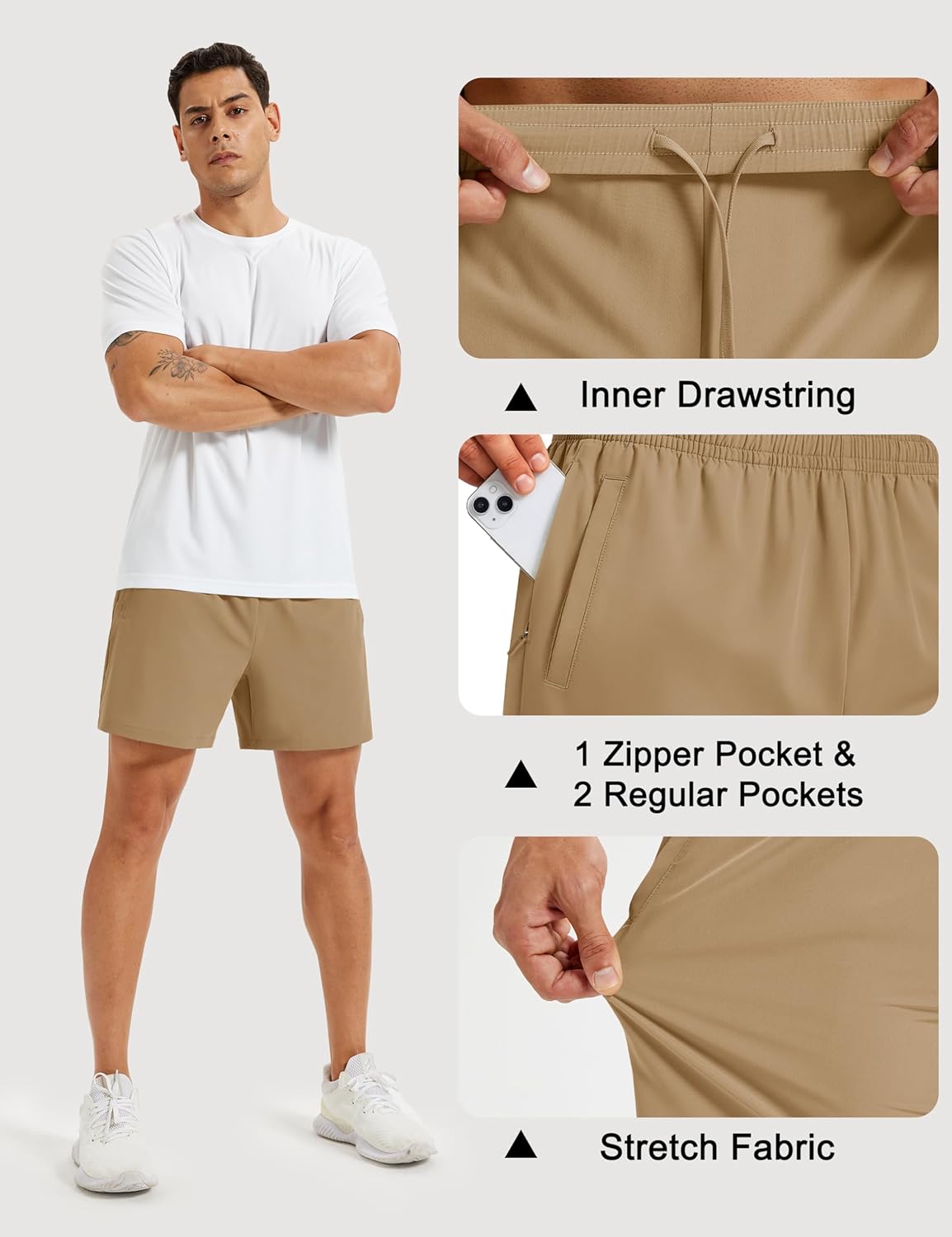 Men's Athletic Shorts 5" Quick Dry Lightweight Linerless Gym Workout Hiking Shorts with Zipper Pockets