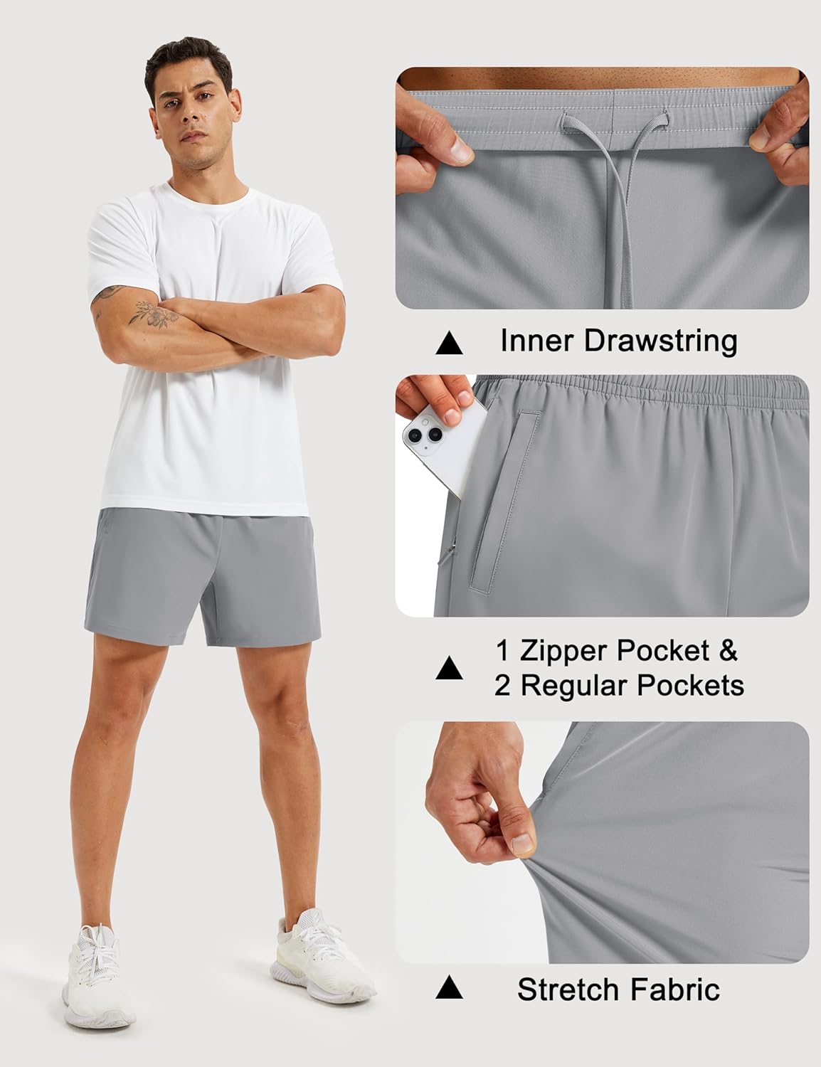 Men's Athletic Shorts 5" Quick Dry Lightweight Linerless Gym Workout Hiking Shorts with Zipper Pockets