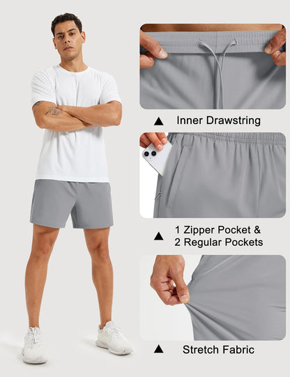 Men's Athletic Shorts 5" Quick Dry Lightweight Linerless Gym Workout Hiking Shorts with Zipper Pockets