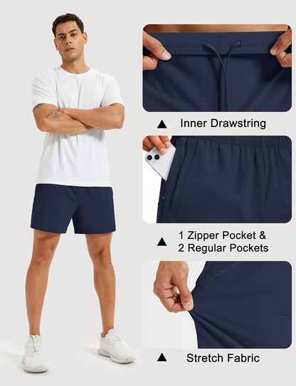 Men's Athletic Shorts 5" Quick Dry Lightweight Linerless Gym Workout Hiking Shorts with Zipper Pockets