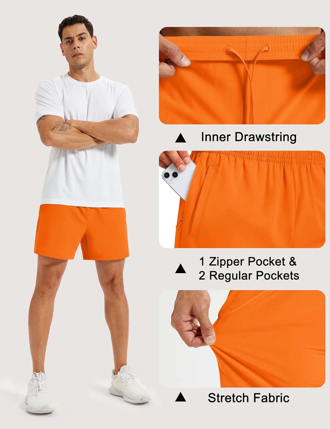 Men's Athletic Shorts 5" Quick Dry Lightweight Linerless Gym Workout Hiking Shorts with Zipper Pockets