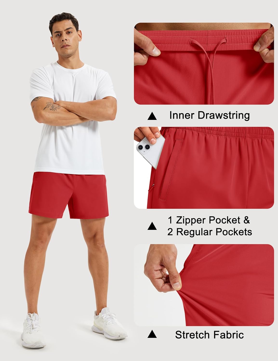 Men's Athletic Shorts 5" Quick Dry Lightweight Linerless Gym Workout Hiking Shorts with Zipper Pockets
