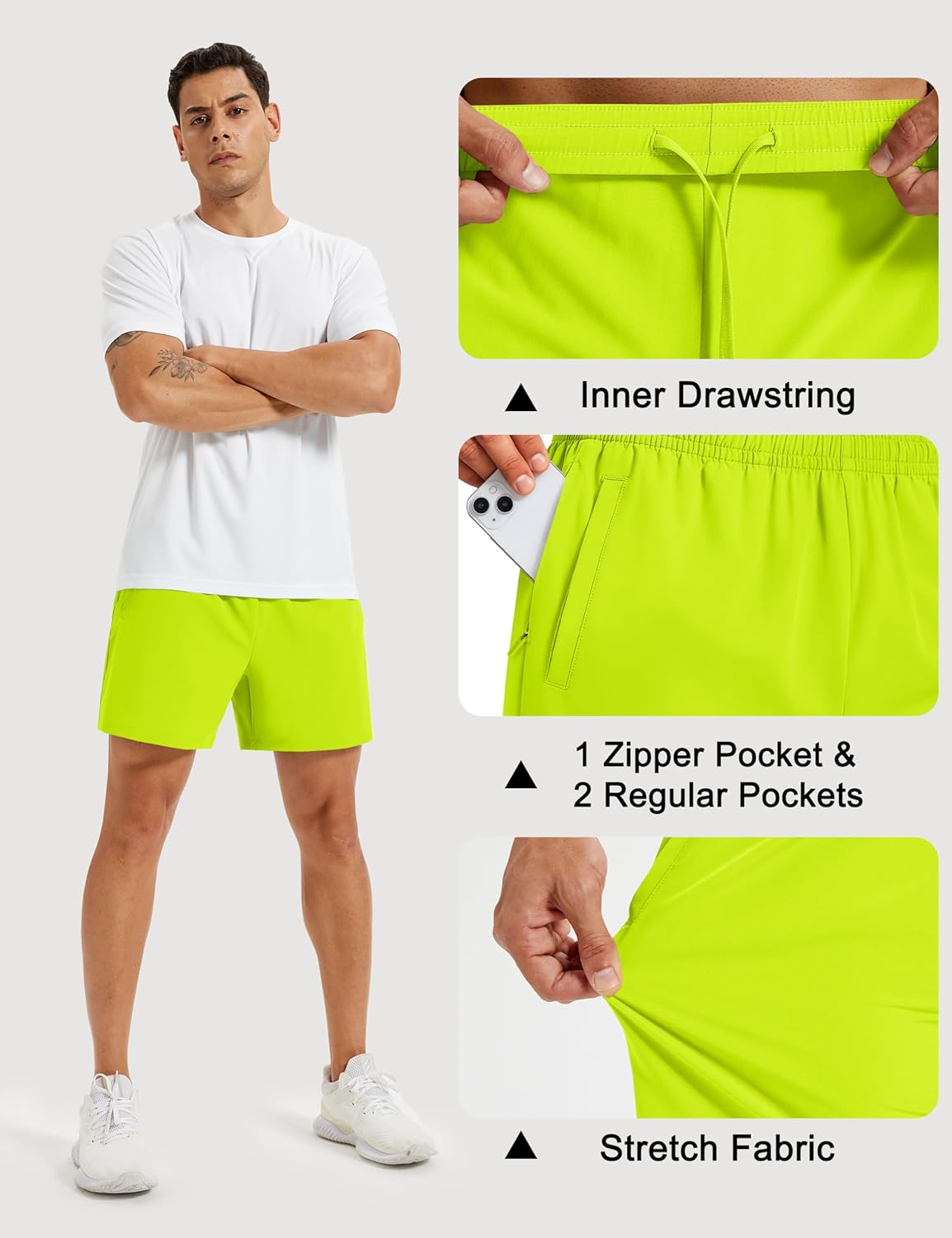 Men's Athletic Shorts 5" Quick Dry Lightweight Linerless Gym Workout Hiking Shorts with Zipper Pockets