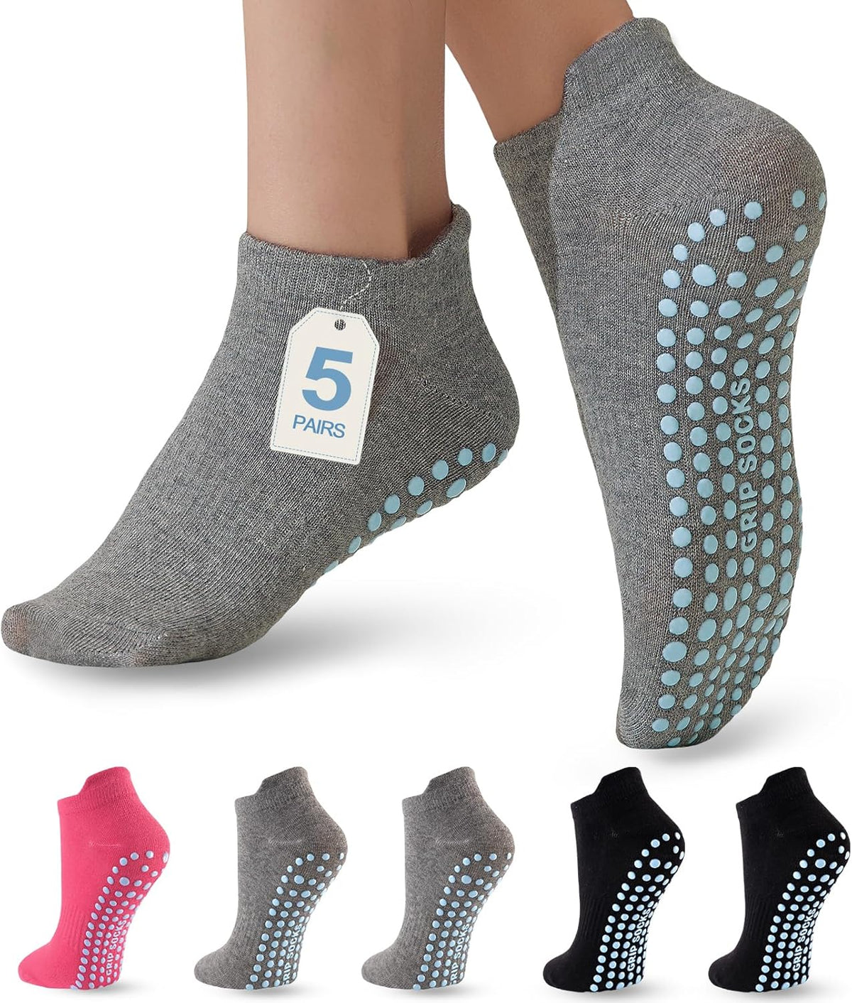 5 Pairs Pilates Socks with Grips for Women Non Slip Grip Yoga Crew Socks for Barre Hospital Barefoot Workout