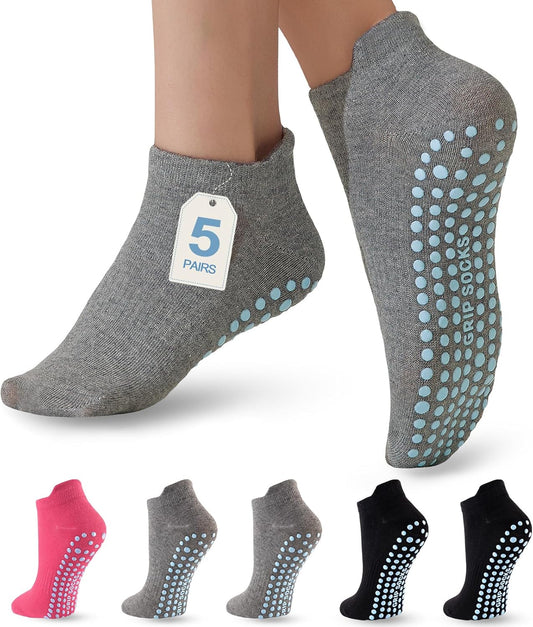 5 Pairs Pilates Socks with Grips for Women Non Slip Grip Yoga Crew Socks for Barre Hospital Barefoot Workout