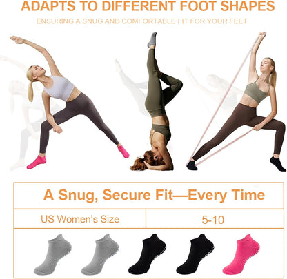 5 Pairs Pilates Socks with Grips for Women Non Slip Grip Yoga Crew Socks for Barre Hospital Barefoot Workout