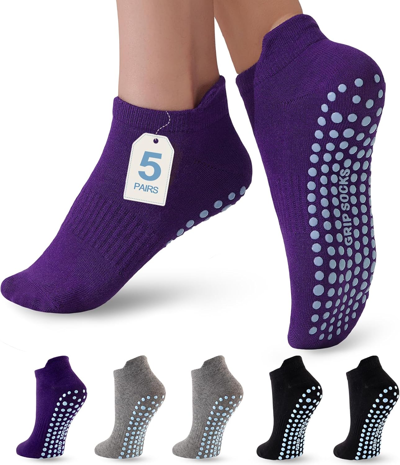 5 Pairs Pilates Socks with Grips for Women Non Slip Grip Yoga Crew Socks for Barre Hospital Barefoot Workout