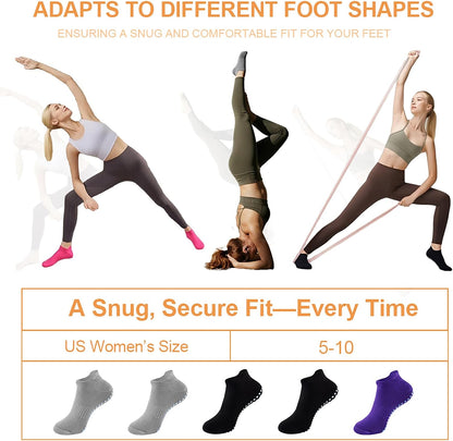 5 Pairs Pilates Socks with Grips for Women Non Slip Grip Yoga Crew Socks for Barre Hospital Barefoot Workout