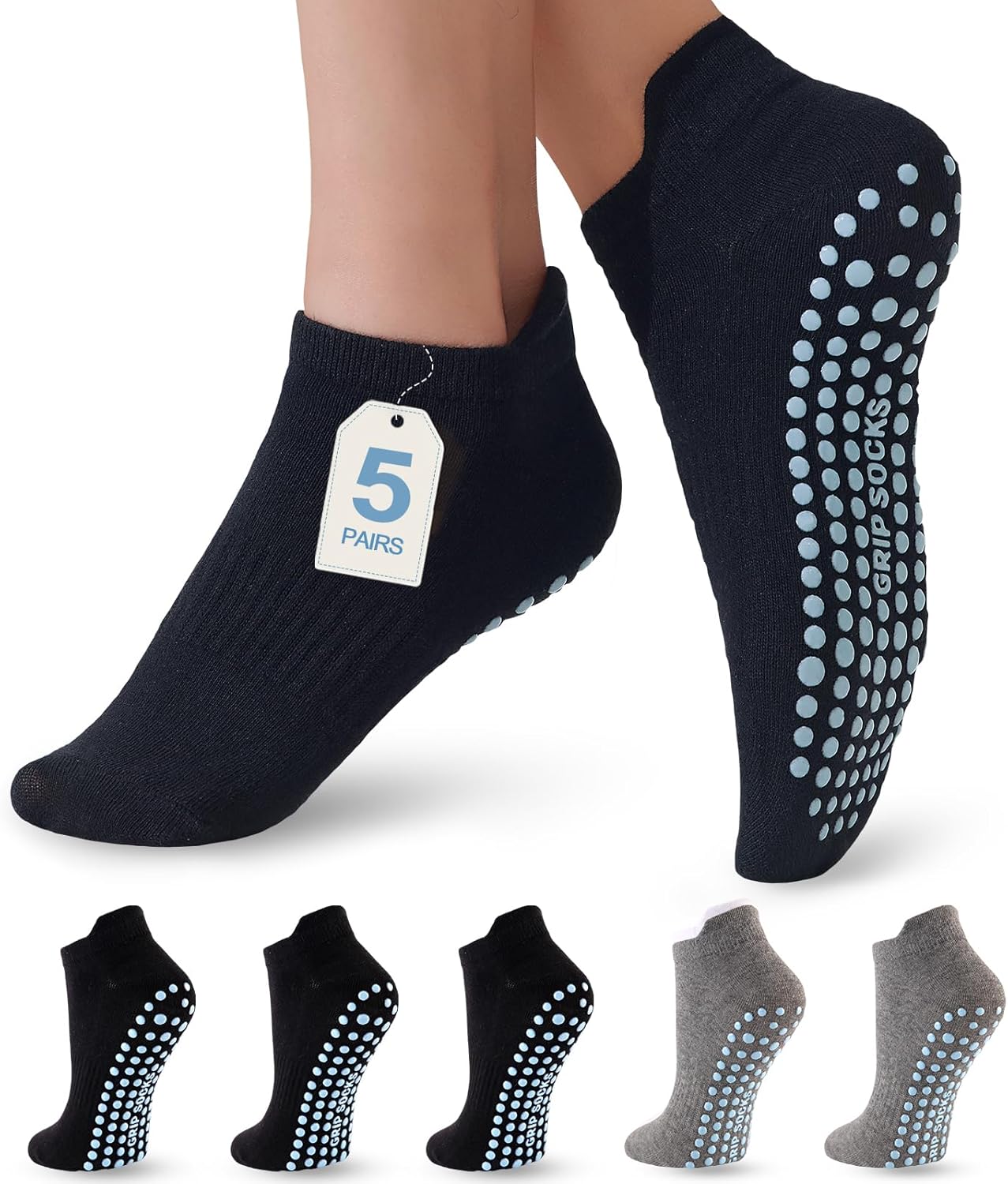 5 Pairs Pilates Socks with Grips for Women Non Slip Grip Yoga Crew Socks for Barre Hospital Barefoot Workout