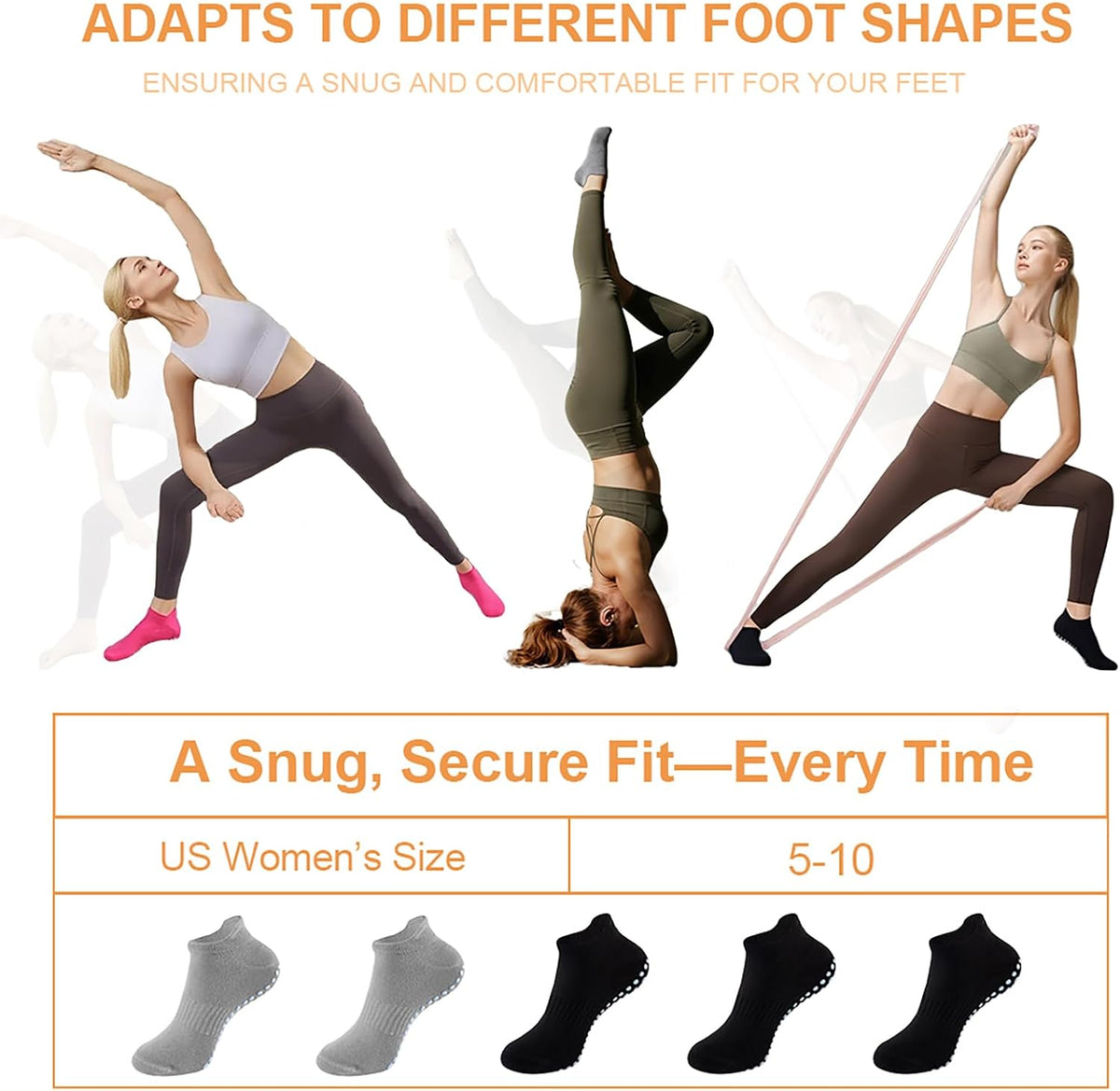 5 Pairs Pilates Socks with Grips for Women Non Slip Grip Yoga Crew Socks for Barre Hospital Barefoot Workout