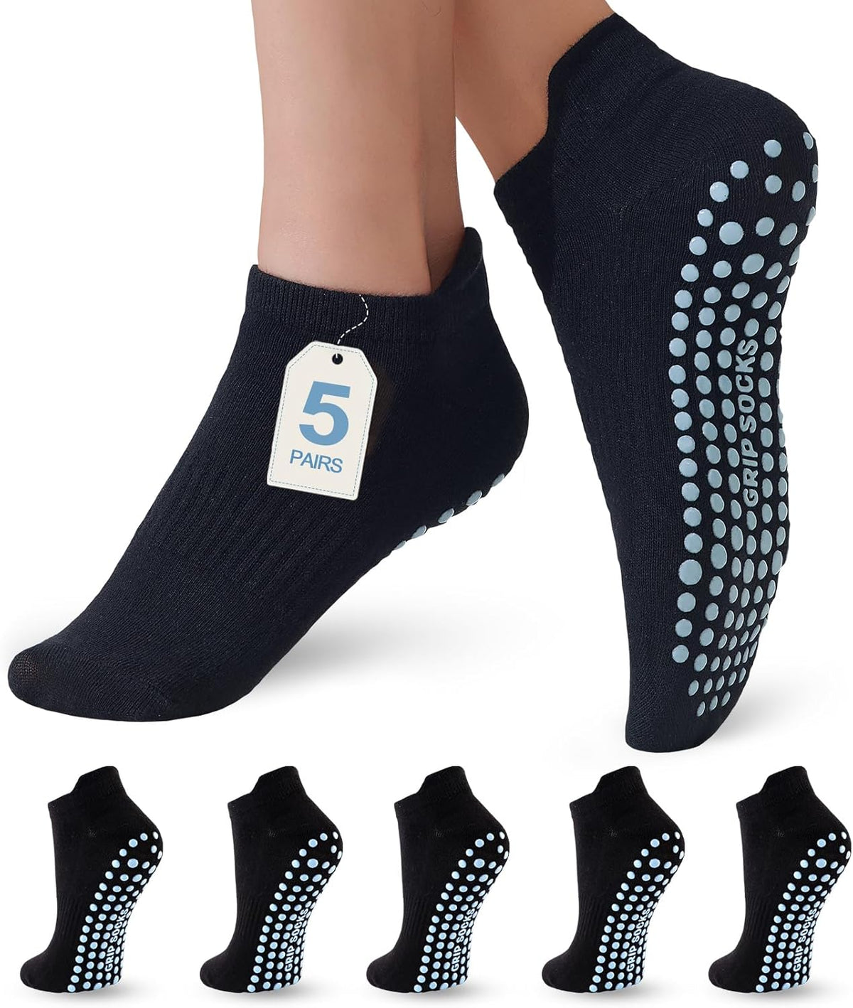 5 Pairs Pilates Socks with Grips for Women Non Slip Grip Yoga Crew Socks for Barre Hospital Barefoot Workout