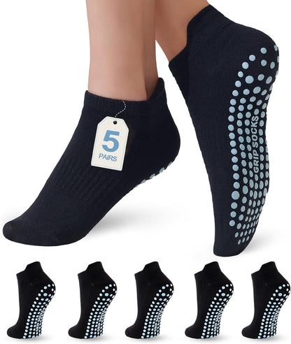 5 Pairs Pilates Socks with Grips for Women Non Slip Grip Yoga Crew Socks for Barre Hospital Barefoot Workout