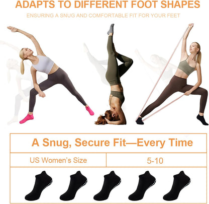 5 Pairs Pilates Socks with Grips for Women Non Slip Grip Yoga Crew Socks for Barre Hospital Barefoot Workout