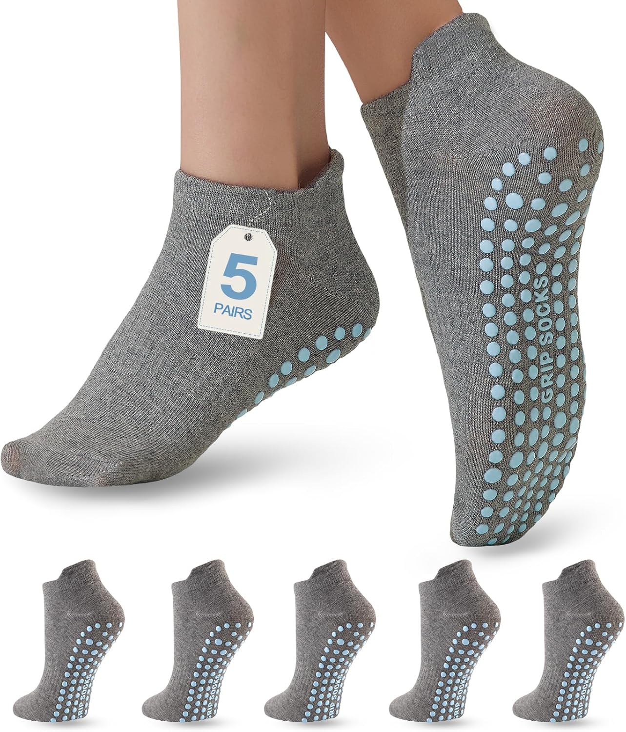 5 Pairs Pilates Socks with Grips for Women Non Slip Grip Yoga Crew Socks for Barre Hospital Barefoot Workout